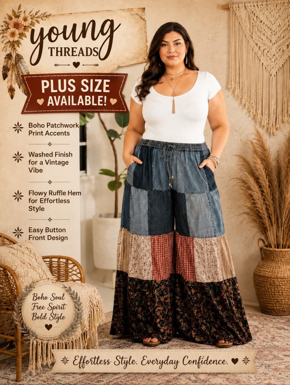 136 Young Threads Boho Patchwork Wide Leg Pants - Multi Floral & Denim